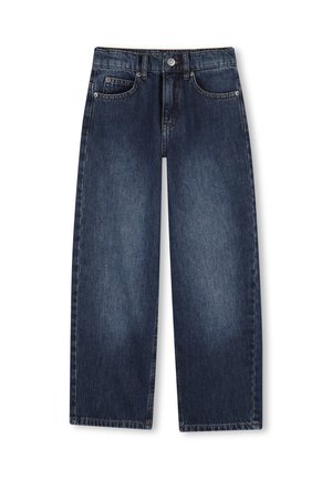 Jean en denim bleu foncé avec une coupe ample, des jambes droites et un design classique à cinq poches. Comprend une fermeture par boutons et des passants pour ceinture.