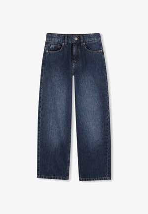 Jean en denim bleu foncé avec une coupe ample, des jambes droites et un design classique à cinq poches. Comprend une fermeture par boutons et des passants pour ceinture.