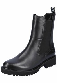 Schwarze Leder-Ankle-Boots mit elastischen Seitenpaneelen, runder Spitze, Gummi-Außensohle mit Profil und einer Zuglasche an der Rückseite für ein einfaches Anziehen.