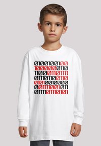Long-sleeve white t-shirt featuring a printed pattern of binary code in black and red. The design is centered on the front.