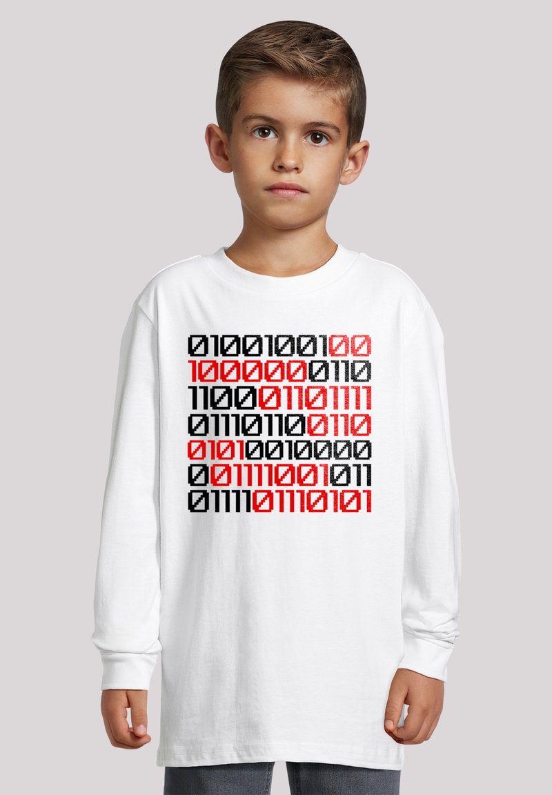 Long-sleeve white t-shirt featuring a printed pattern of binary code in black and red. The design is centered on the front.