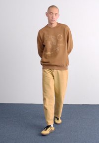 Sudadera marrón con estampado gráfico, pantalones beige y zapatillas ligeras. La sudadera tiene cuello redondo y puños de canalé. Diseño simple y casual.