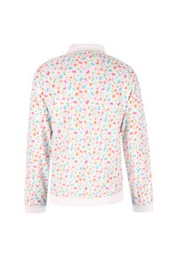 Langsleeve jasje van witte stof versierd met kleurrijke bloemenpatronen in roze, blauw en oranje. Inclusief een kraag en manchetten.