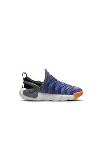 Chaussure de sport à enfiler avec une tige bleu et gris, un détail orange à l’avant, un maintien du talon noir et une semelle blanche épaisse, vue de côté sur fond blanc.