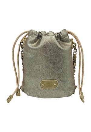 Petit sac bourse métallique doré avec deux sangles latérales et une étiquette cousue portant l'inscription « milo louise paris » à l'avant.