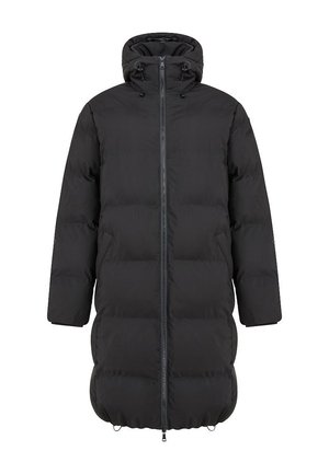 Czarna kurtka puchowa z zapięciem na zamek, wysokim kołnierzem, kapturem ze sznurkiem i elastycznymi mankietami. Posiada pikowany wzór oraz wydłużoną długość.