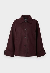 Veste en laine bordeaux foncé avec large col, fermeture boutonnée devant, manches longues avec poignets boutonnés et poches latérales.