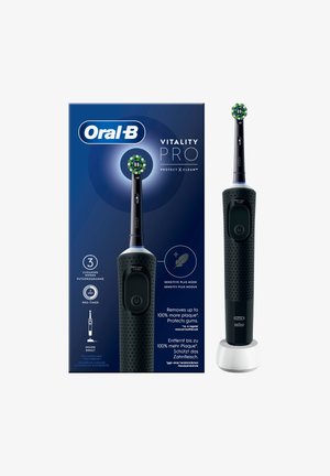 Elektrische Zahnbürste Oral-B Vitality Pro mit rundem Bürstenkopf, drei Reinigungsmodi, Pro-Timer und Sensitive-Plus-Modus, dargestellt mit Verpackung.