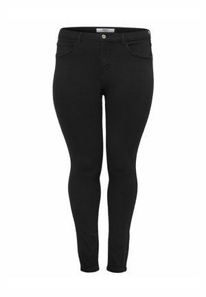 Mustat skinny-farkut, jotka on valmistettu denimistä, perinteisellä viiden taskun muotoilulla, edessä napituksella ja vyölenkeillä. Liukas pinta.