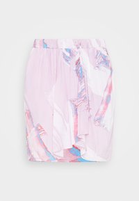 Světle růžová vzorovaná sukně s abstraktními motivy v modré a červené barvě. Má elastický pas a zavěšenou tkaninu pro uvolněný střih.