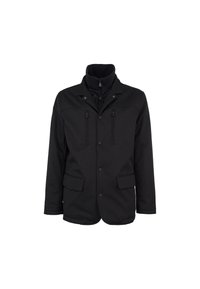 Giacca softshell nera con colletto alto, due tasche sul petto e due tasche laterali. Tessuto liscio con chiusure a scatto e a zip.