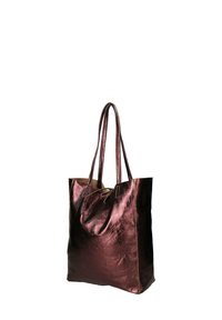 Borsa tote in bronzo metallico con due manici lunghi, texture liscia e design a bocca aperta. Realizzata in materiale morbido e flessibile per un facile trasporto.