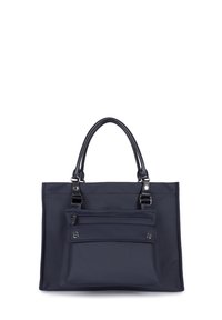Borsa tote in nylon navy con due manici neri, tasca frontale con zip e superficie liscia. Presenta cuciture sottili e dettagli in metallo.