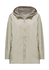 Giacca cappuccio di un beige chiaro con zip a tutta lunghezza, due tasche laterali e un tessuto testurizzato, resistente all'acqua.