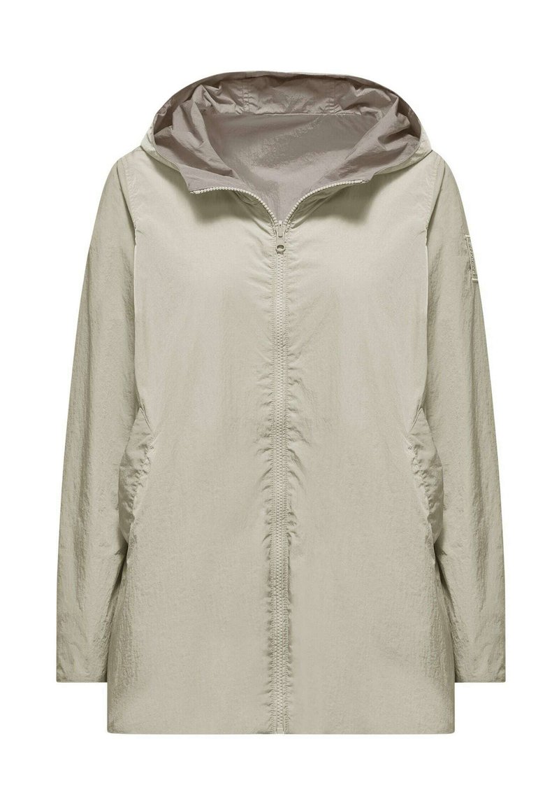 Giacca cappuccio di un beige chiaro con zip a tutta lunghezza, due tasche laterali e un tessuto testurizzato, resistente all'acqua.