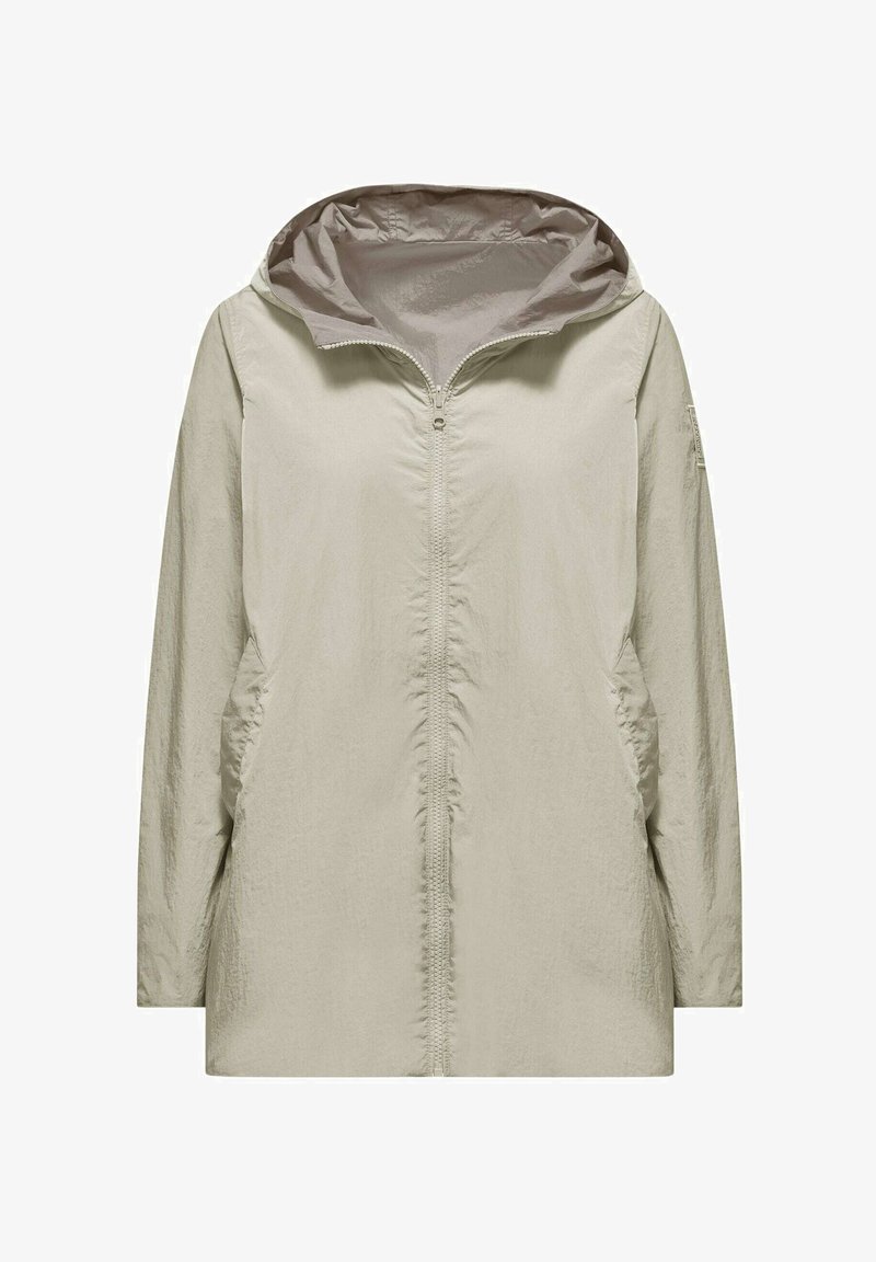Giacca cappuccio di un beige chiaro con zip a tutta lunghezza, due tasche laterali e un tessuto testurizzato, resistente all'acqua.