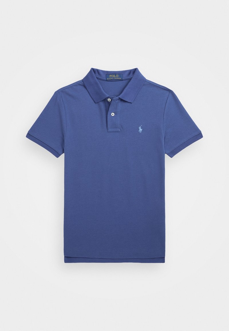 Polo bleu à manches courtes avec deux boutons, col et petit logo brodé sur la poitrine gauche.