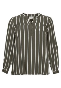 Blouse vert olive foncé avec des rayures verticales blanches. Dotée d'un col en V, de manches longues et d'une patte de boutonnage. Tissu doux avec une texture lisse.