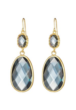 Gouden ontwerp drop earrings met grote ovale en kleinere ronde grijze gefacetteerde kristallen met een glanzende afwerking. Het ontwerp omvat ingewikkelde zettingen.