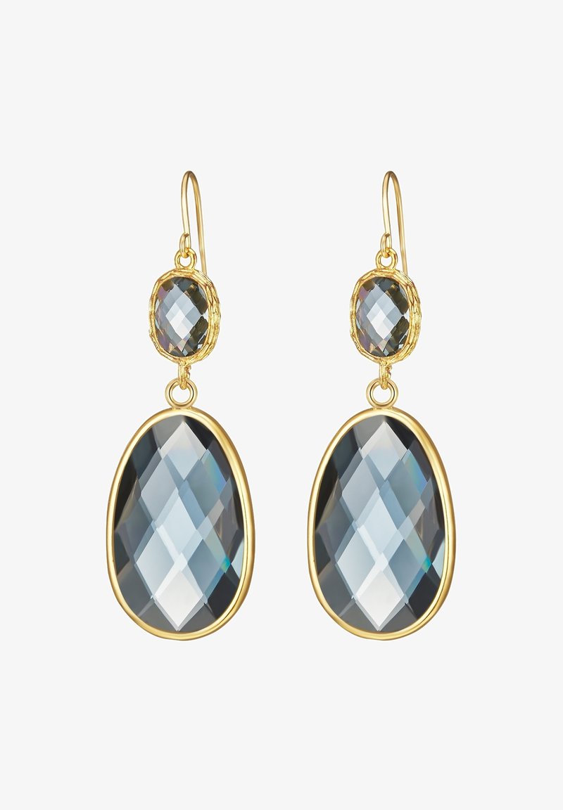 Kuldtooni ripats kõrvarõngad, millel on suured ovaalsed ja väiksemad ümmargused hallid facettkristallid, millel on läikiv viimistlus. Disain sisaldab keerukaid seadistusi.