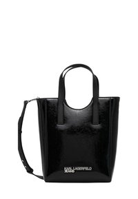 Sac fourre-tout noir brillant avec deux poignées supérieures, une bandoulière réglable et un logo argenté "KARL LAGERFELD JEANS" sur le devant.