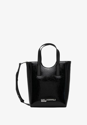 Borsa tote nera lucida con due manici superiori, tracolla regolabile e logo argentato "KARL LAGERFELD JEANS" sulla parte frontale.