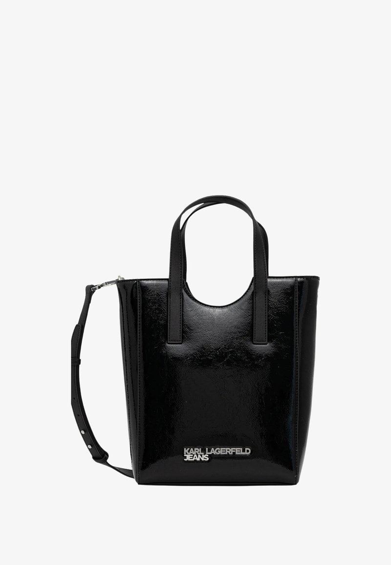 Borsa tote nera lucida con due manici superiori, tracolla regolabile e logo argentato "KARL LAGERFELD JEANS" sulla parte frontale.
