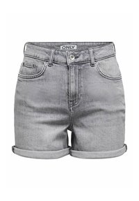 Jasnoszare szorty dżinsowe z wywiniętymi nogawkami, z przodu na guzik i zamek błyskawiczny, z paskiem i kieszeniami z przodu oraz kieszenią na monety, oznaczone napisem "ONLY".