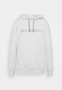 Hellgrauer Kapuzenpullover mit einer vorderen Kängurutasche und dem "MAMMUT"-Logo in fetter Schrift. Weicher Stoff und gerippte Bündchen.