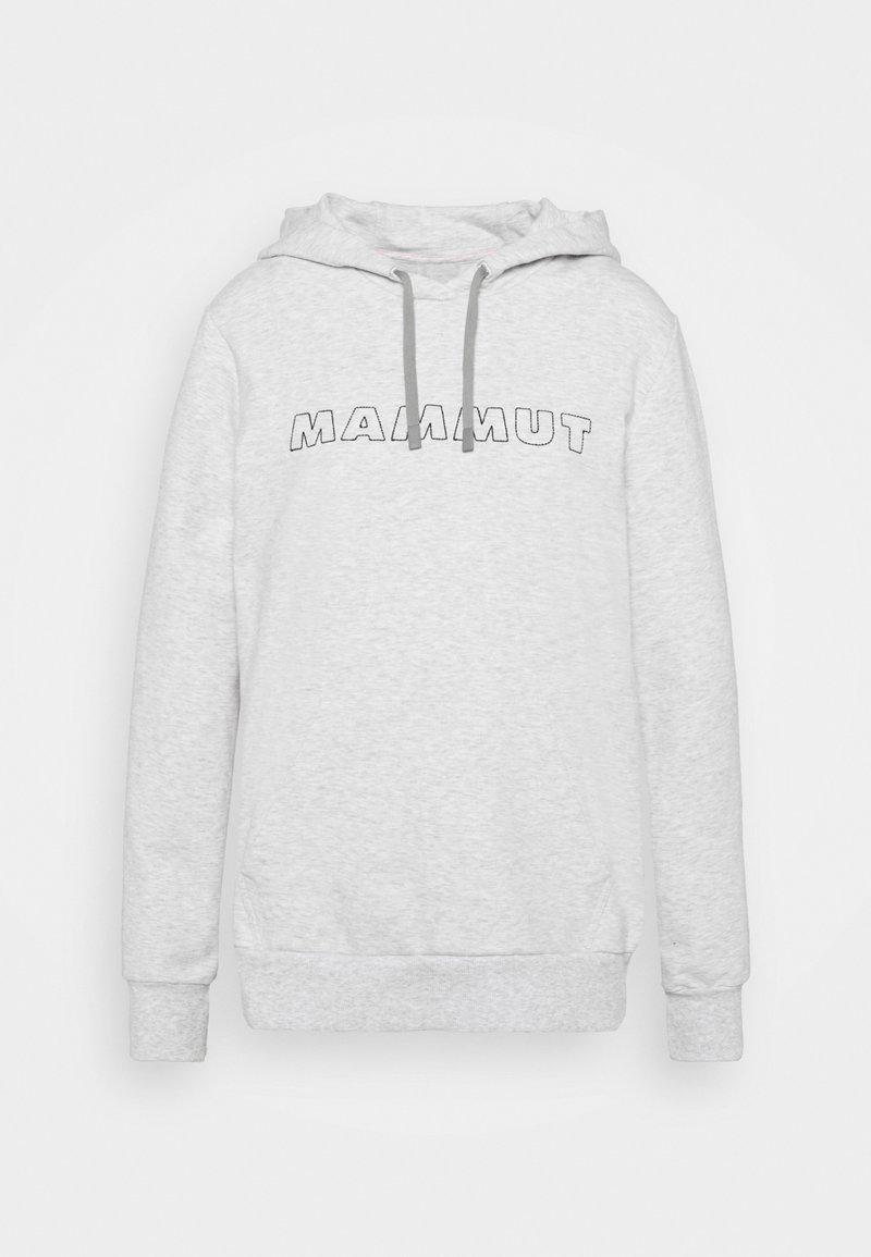 Hellgrauer Kapuzenpullover mit einer vorderen Kängurutasche und dem "MAMMUT"-Logo in fetter Schrift. Weicher Stoff und gerippte Bündchen.