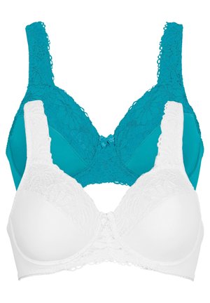 Due reggiseni: uno teal con dettagli in pizzo e coppe lisce, uno bianco con bordo in pizzo e un fiocco al centro. Spalline regolabili per una vestibilità perfetta.