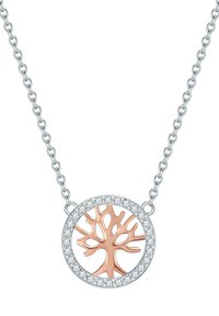 Ezüst lánc nyaklánc kör alakú medállal, amelyen egy rose gold színű fa mintázat található, kicsi, tiszta cirkónia kövekkel körbevéve.