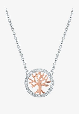 Sølv kæderekede med et rundt vedhæng, der har et rosaguld trædesign omgivet af en ring af små klare rhinsten.