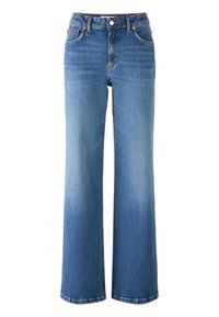 Vaaleansiniset korkeat leveälahkeiset farkut, joissa on viisi taskua, kupariset niitit ja haalistunut pesu.