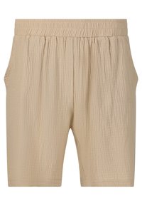 Beige vävda shorts med elastisk midja, två sidofickor och en strukturerad tygmönster. Avslappnad knälång design.