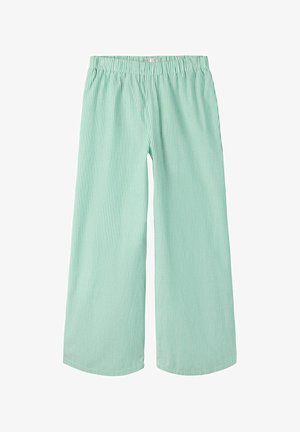 Pantalon large à rayures verticales vert clair et blanc avec taille élastique.