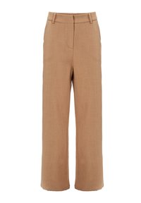 Bredde ben, høj talje beige bukser med bæltestropper og en skjult frontlukning, lavet af struktureret stof.