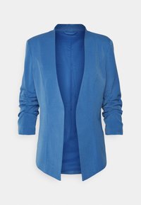 Modrý lehký blejzr s volným střihem, s dlouhými rukávy s nařasenými detaily a otevřeným předním dílem.