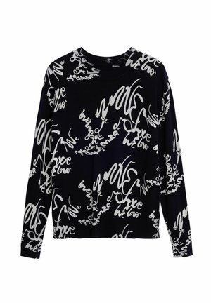 Long-sleeved black sweater with white cursive text pattern, featuring variations of the word "love" throughout. Soft knit fabric.