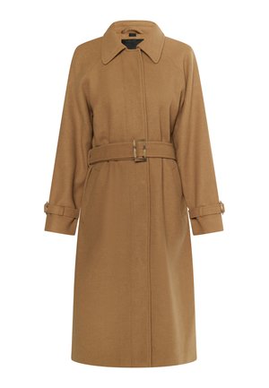 Palton din amestec de lână maro, cu guler, talie cu curea și manșete cu butoane. Are o croială dreaptă și două buzunare laterale.