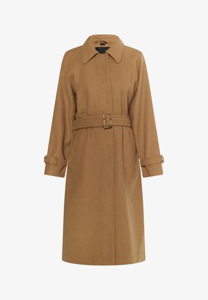 Palton din amestec de lână maro, cu guler, talie cu curea și manșete cu butoane. Are o croială dreaptă și două buzunare laterale.