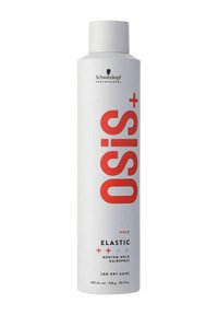 Witte aerosolcan met een rood logo. Tekst: "Osis+ Elastic Medium Hold Hairspray." Inhoud 300 mL. Ontworpen voor droog haar.