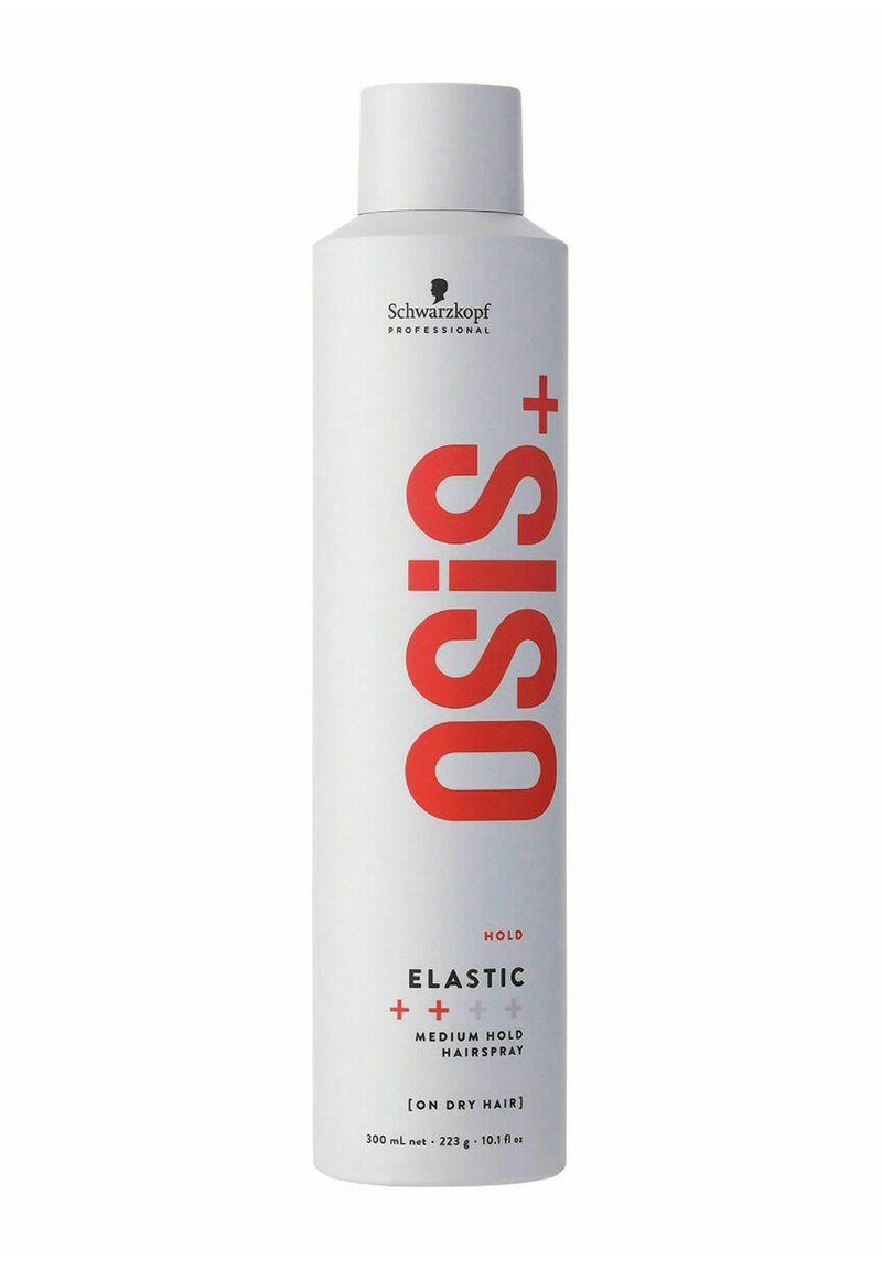 Witte aerosolcan met een rood logo. Tekst: "Osis+ Elastic Medium Hold Hairspray." Inhoud 300 mL. Ontworpen voor droog haar.