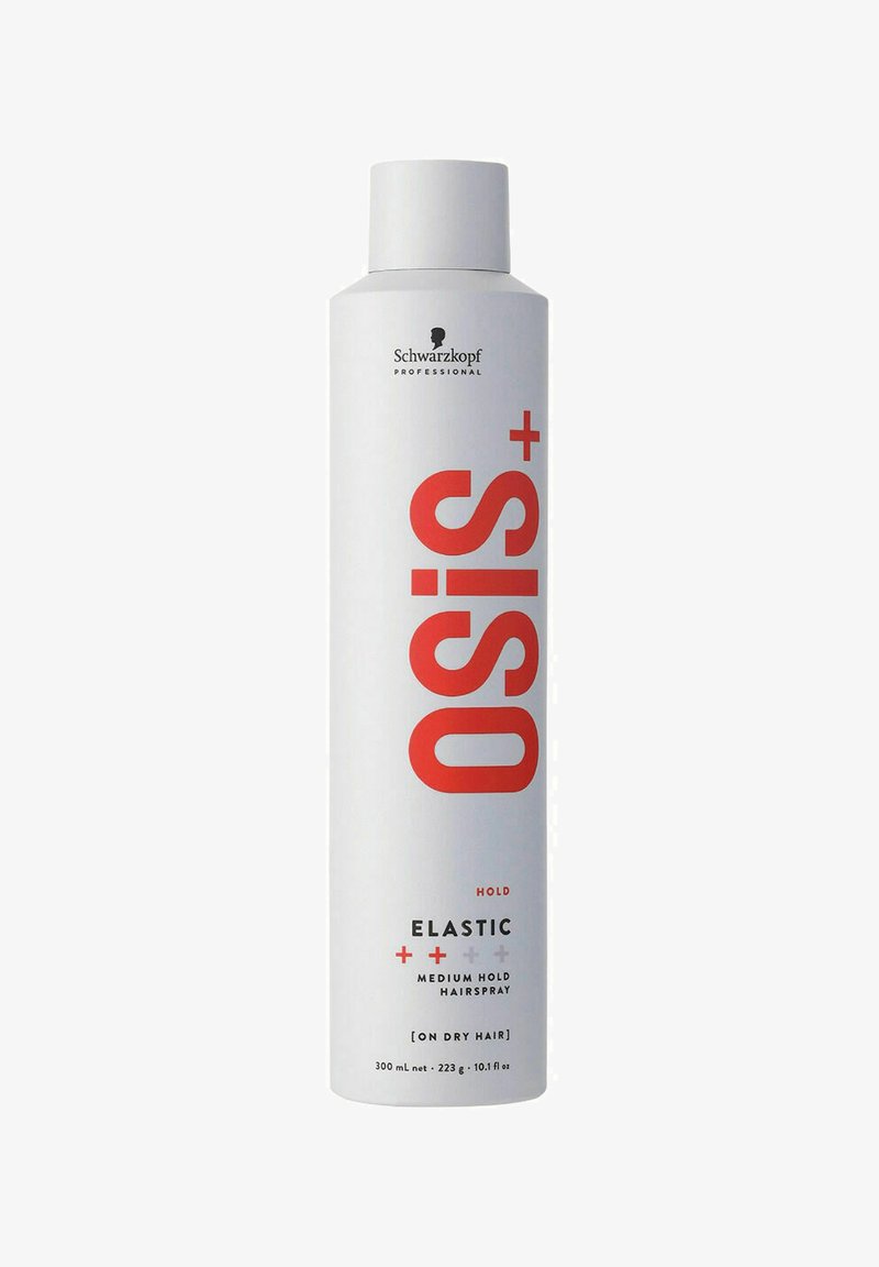 Witte aerosolcan met een rood logo. Tekst: "Osis+ Elastic Medium Hold Hairspray." Inhoud 300 mL. Ontworpen voor droog haar.