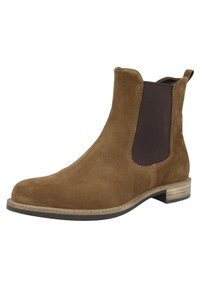 Bottine Chelsea en daim marron avec des panneaux latéraux élastiques, bout rond et semelle en caoutchouc texturé. Présente un talon empilé et des coutures contrastées.