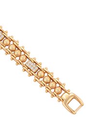 Bracciale in tonalità oro con perle rotonde texture e piccole gemme trasparenti, con un design a catena geometrica e chiusura a gancio.