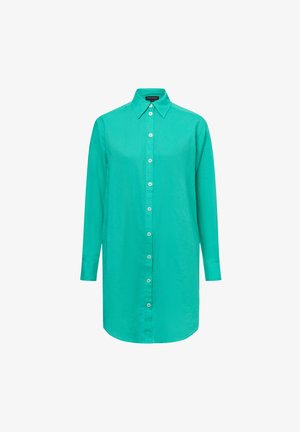 Turquoise langetermijnhemd met een knopenlijst aan de voorkant, een klassieke kraag en een rechte zoom. Gemaakt van een gladde, lichtgewicht stof.