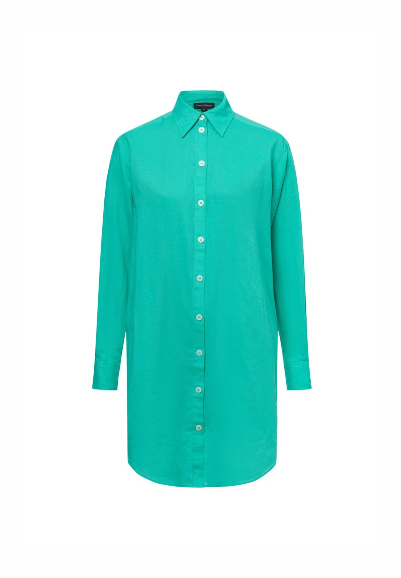 Camicia turchese a maniche lunghe con chiusura a bottoni, colletto classico e orlo dritto. Realizzata in un tessuto leggero e liscio.
