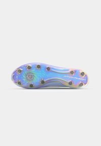 Football boot sole with a holographic finish, curved shape, seven conical studs, and spiral pattern in the center.