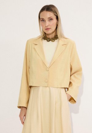 Γυναίκα με ίσια ξανθά μαλλιά που φοράει μπεζ cropped σακάκι πάνω από ένα ταιριαστό φόρεμα, με χοντρό χρυσό κολιέ και σκουλαρίκια.